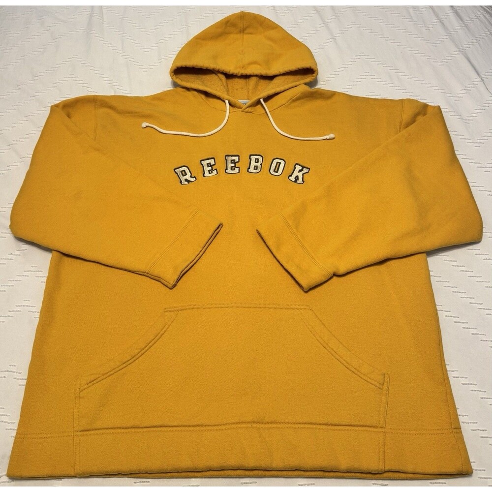 Reebok Vintage Hoodie 2XL Yellow Pullover Sweatshirt Spell Out Logo Y2K Grunge